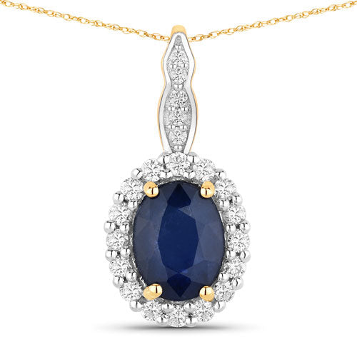 1.79 Carat Genuine Blue Sapphire and White Diamond 14K Yellow Gold Pendant