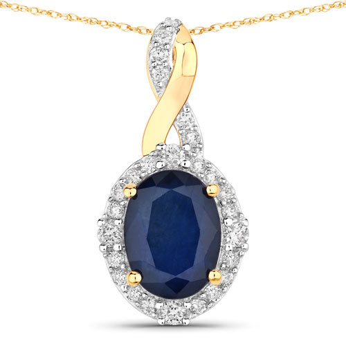 1.72 Carat Genuine Blue Sapphire and White Diamond 14K Yellow Gold Pendant