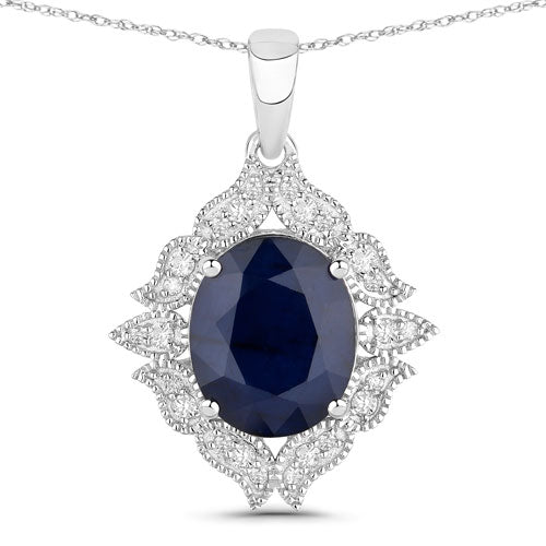 6.44 Carat Genuine Blue Sapphire and White Diamond 14K White Gold Pendant