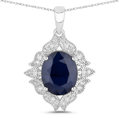 6.44 Carat Genuine Blue Sapphire and White Diamond 14K White Gold Pendant