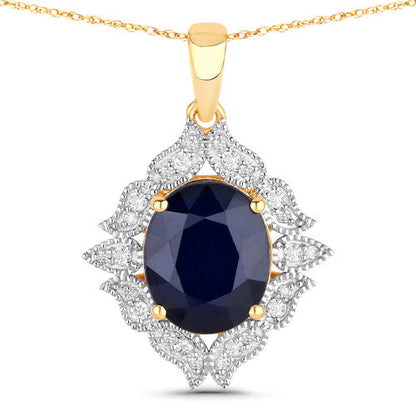 6.44 Carat Genuine Blue Sapphire and White Diamond 14K Yellow Gold Pendant