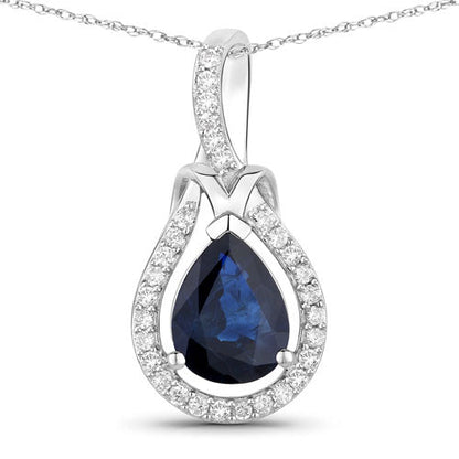 1.48 Carat Genuine Blue Sapphire and White Diamond 14K White Gold Pendant