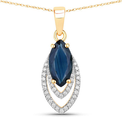 1.42 Carat Genuine Blue Sapphire and White Diamond 14K Yellow Gold Pendant