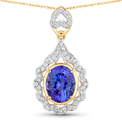 4.40 Carat Genuine Tanzanite and White Diamond 14K Yellow Gold Pendant