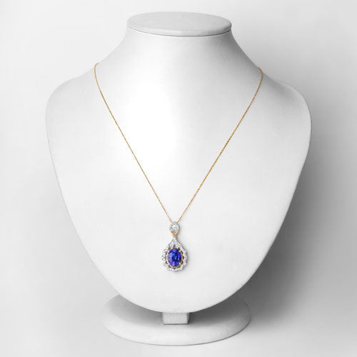 4.40 Carat Genuine Tanzanite and White Diamond 14K Yellow Gold Pendant