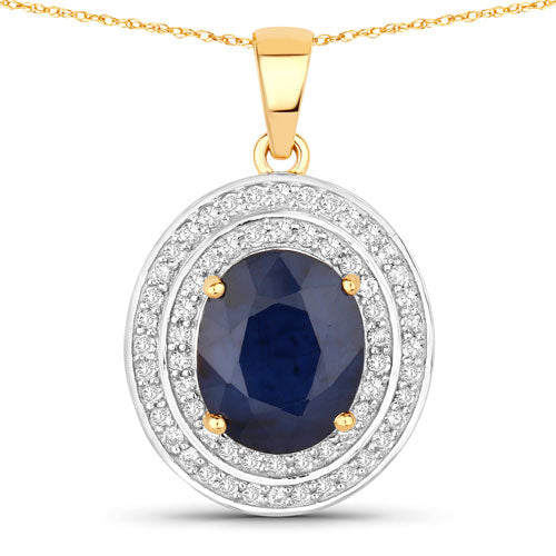 4.82 Carat Genuine Blue Sapphire and White Diamond 14K Yellow Gold Pendant