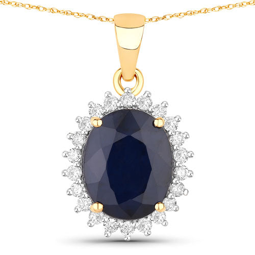 4.63 Carat Genuine Blue Sapphire and White Diamond 14K Yellow Gold Pendant