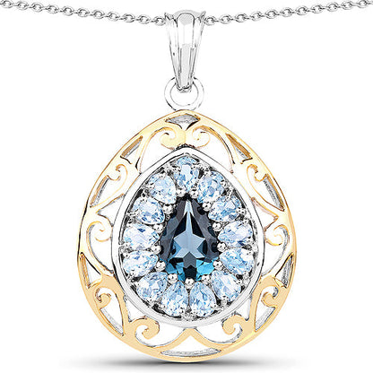 18K Yellow Gold Plated 4.44 Carat Genuine London Blue Topaz and Blue Topaz .925 Sterling Silver Pendant