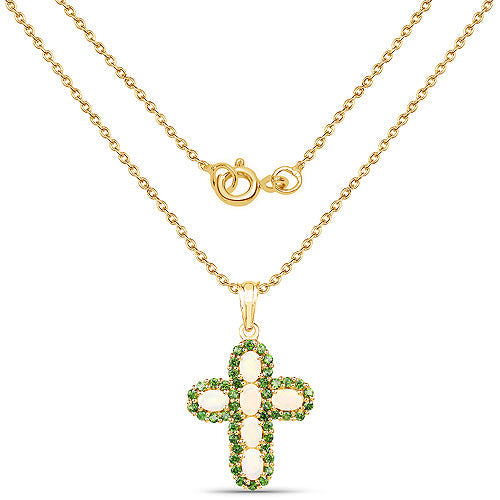 14K Yellow Gold Plated 3.11 Carat Genuine Ethiopian Opal and Chrome Diopside .925 Sterling Silver Pendant