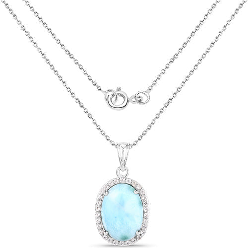 13.55 Carat Genuine Larimar and White Topaz .925 Sterling Silver Pendant