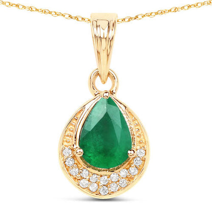 0.89 Carat Genuine Zambian Emerald and White Diamond 14K Yellow Gold Pendant