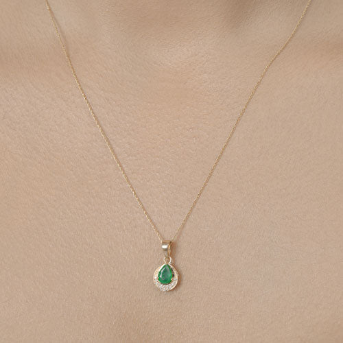 0.89 Carat Genuine Zambian Emerald and White Diamond 14K Yellow Gold Pendant