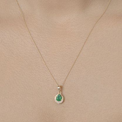 0.89 Carat Genuine Zambian Emerald and White Diamond 14K Yellow Gold Pendant