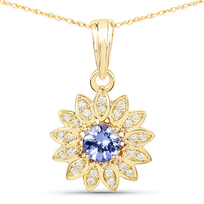 0.31 Carat Genuine Tanzanite and White Diamond 14K Yellow Gold Pendant