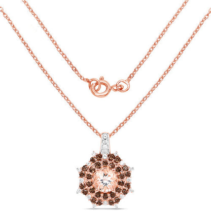 18K Rose Gold Plated 1.61 Carat Genuine Morganite, Smoky Quartz and White Zircon .925 Sterling Silver Pendant
