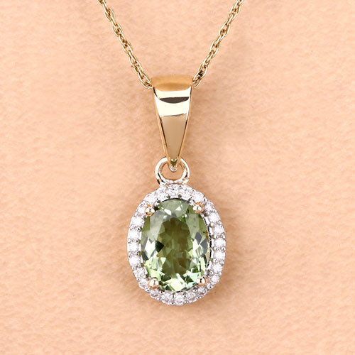 1.27 Carat Genuine Green Tourmaline and White Diamond 14K Yellow Gold Pendant