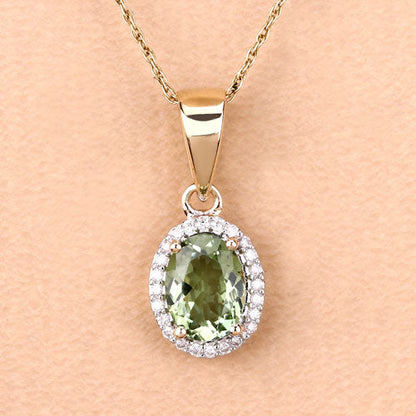 1.27 Carat Genuine Green Tourmaline and White Diamond 14K Yellow Gold Pendant