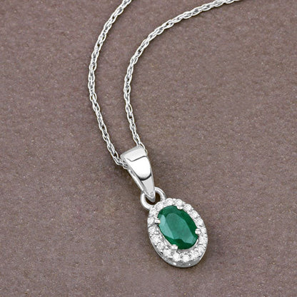 0.81 Carat Genuine Zambian Emerald and White Diamond 14K White Gold Pendant