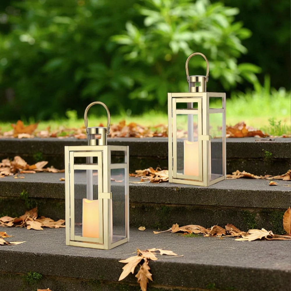 12'' High Metal Candle Holder Outdoor Candle Lantern with Tempered Panels