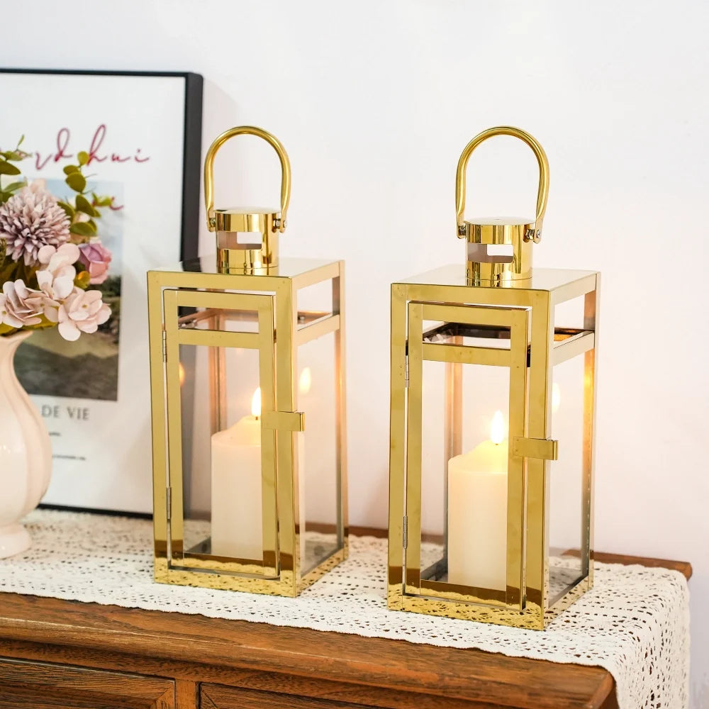 12'' High Metal Candle Holder Outdoor Candle Lantern with Tempered Panels