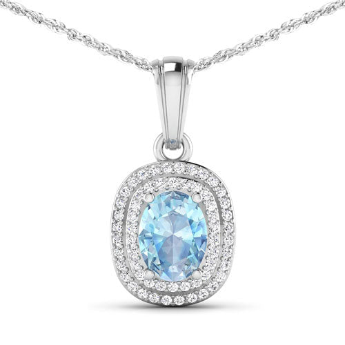 1.35 Carat Genuine Aquamarine and White Diamond 14K White Gold Pendant