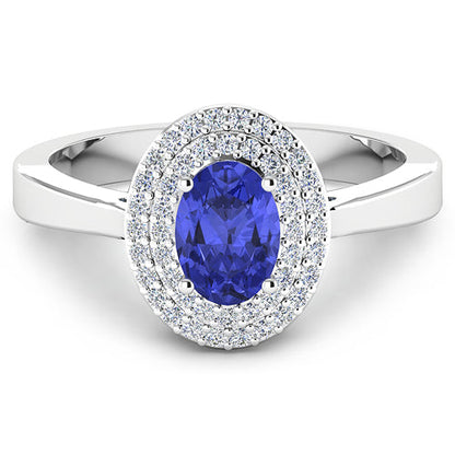 0.91 Carat Genuine Tanzanite and White Diamond 14K White Gold Ring