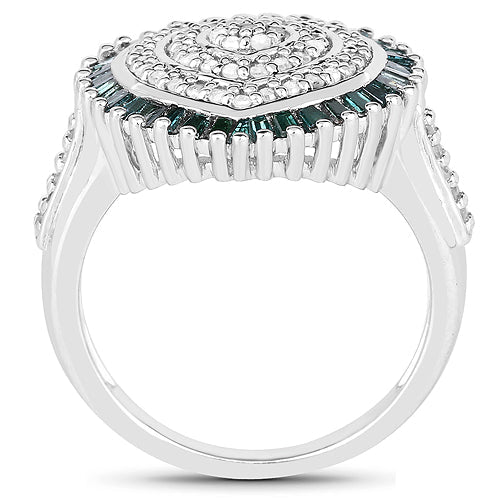 0.74 Carat Genuine White Diamond and Green Diamond .925 Sterling Silver Ring