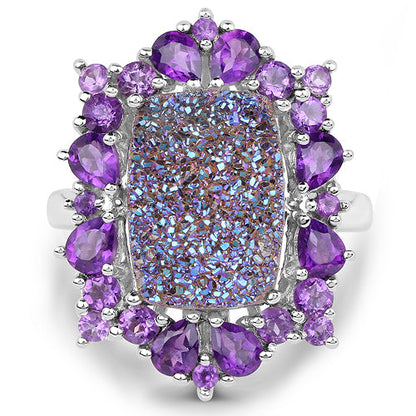 5.97 Carat Genuine Drusy Quartz and Amethyst .925 Sterling Silver Ring