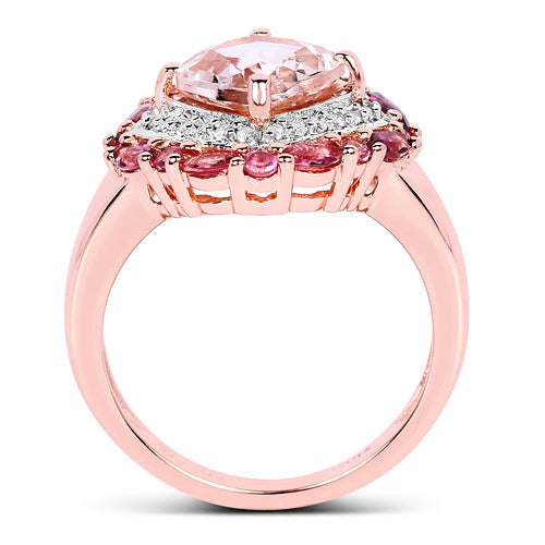 14K Rose Gold Plated 3.11 Carat Genuine Morganite, Pink Tourmaline & White Topaz .925 Sterling Silver Ring