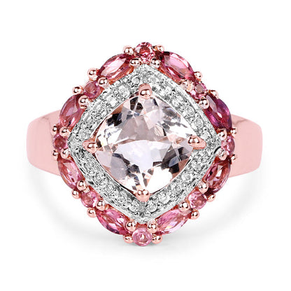 14K Rose Gold Plated 3.11 Carat Genuine Morganite, Pink Tourmaline & White Topaz .925 Sterling Silver Ring