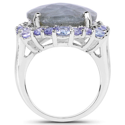 13.99 Carat Genuine Labradorite and Tanzanite .925 Sterling Silver Ring