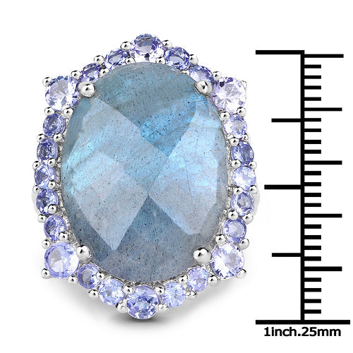 13.99 Carat Genuine Labradorite and Tanzanite .925 Sterling Silver Ring