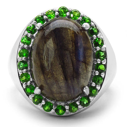 11.90 Carat Genuine Labradorite & Chrome Diopside .925 Sterling Silver Ring