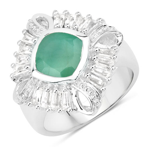 "2.57 Carat Genuine Emerald, White Topaz and White Diamond .925 Sterling Silver Ring