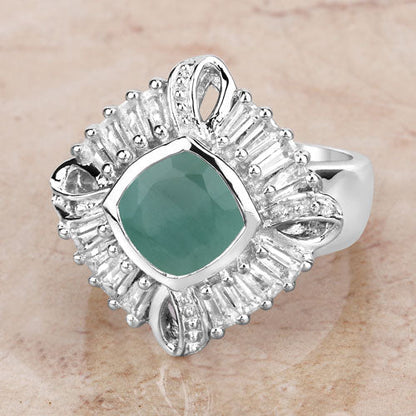 "2.57 Carat Genuine Emerald, White Topaz and White Diamond .925 Sterling Silver Ring