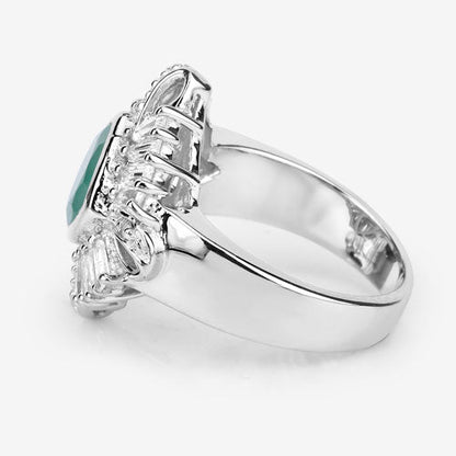 "2.57 Carat Genuine Emerald, White Topaz and White Diamond .925 Sterling Silver Ring