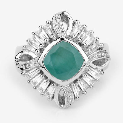 "2.57 Carat Genuine Emerald, White Topaz and White Diamond .925 Sterling Silver Ring