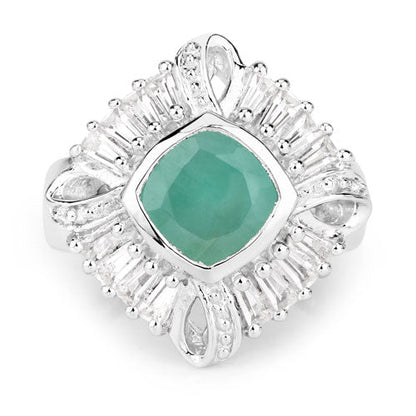 "2.57 Carat Genuine Emerald, White Topaz and White Diamond .925 Sterling Silver Ring