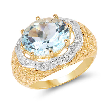 14K Yellow Gold Plated 5.27 Carat Genuine Blue Topaz & White Topaz .925 Sterling Silver Ring