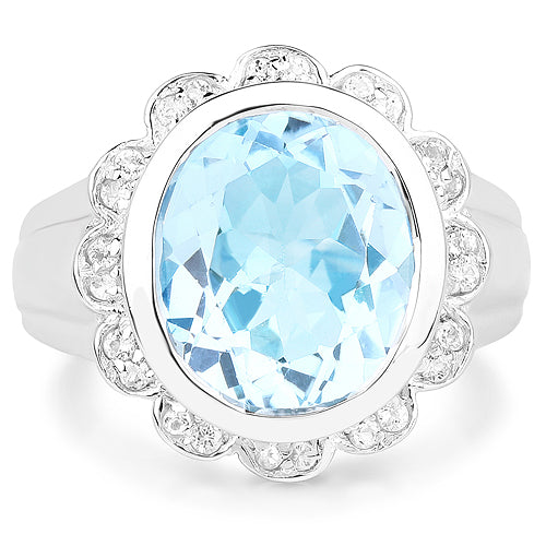 5.39 Carat Genuine Blue Topaz and White Topaz .925 Sterling Silver Ring