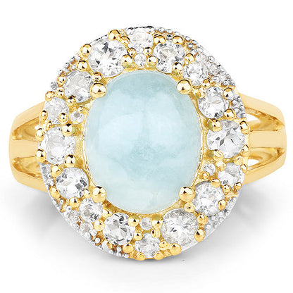 14K Yellow Gold Plated 6.72 Carat Genuine Aquamarine and White Topaz .925 Sterling Silver Ring