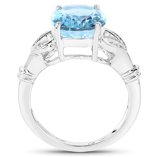7.29 Carat Genuine Swiss Blue Topaz & White Topaz .925 Sterling Silver Ring