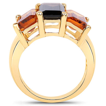 14K Yellow Gold Plated 8.14 Carat Genuine Smoky Quartz, Citrine and Champagne Quartz .925 Sterling Silver Ring