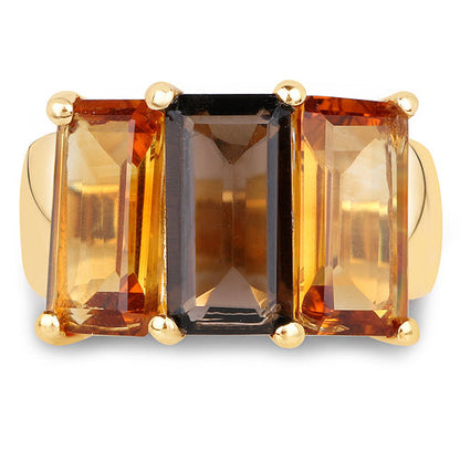 14K Yellow Gold Plated 8.14 Carat Genuine Smoky Quartz, Citrine and Champagne Quartz .925 Sterling Silver Ring