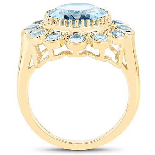 14K Yellow Gold Plated 6.59 Carat Genuine Blue Topaz .925 Sterling Silver Ring