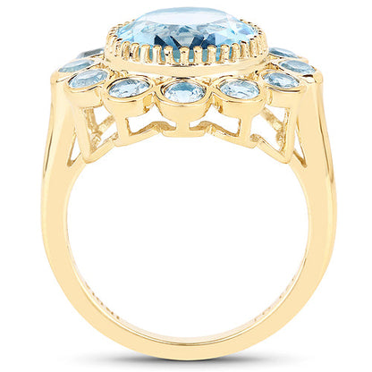 14K Yellow Gold Plated 6.59 Carat Genuine Blue Topaz .925 Sterling Silver Ring