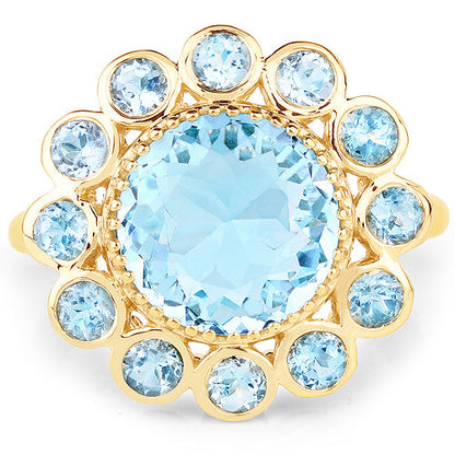 14K Yellow Gold Plated 6.59 Carat Genuine Blue Topaz .925 Sterling Silver Ring