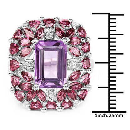7.59 Carat Genuine Pink Amethyst, Rhodolite and White Topaz .925 Sterling Silver Ring