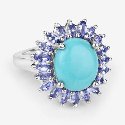 6.10 Carat Genuine Larimar and Tanzanite .925 Sterling Silver Ring