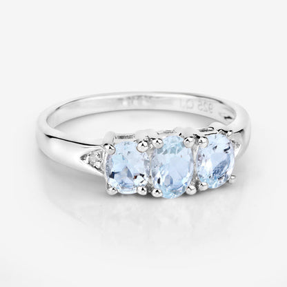 0.95 Carat Genuine Aquamarine and White Diamond .925 Sterling Silver Ring